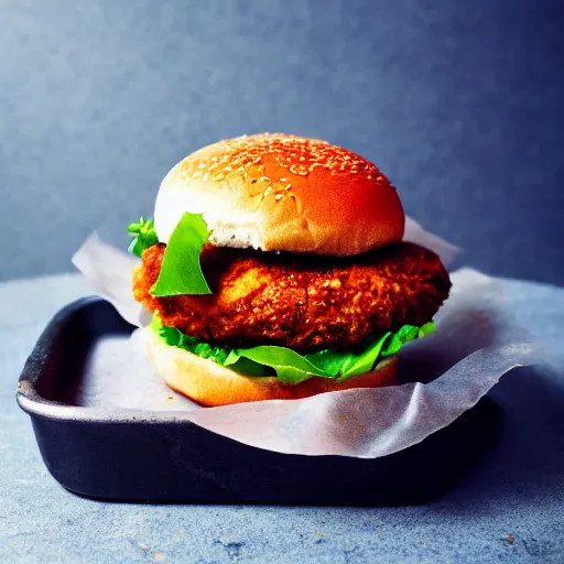 Prompt: a spicy crispy chicken burger, food photography, detailed, yum, fast food