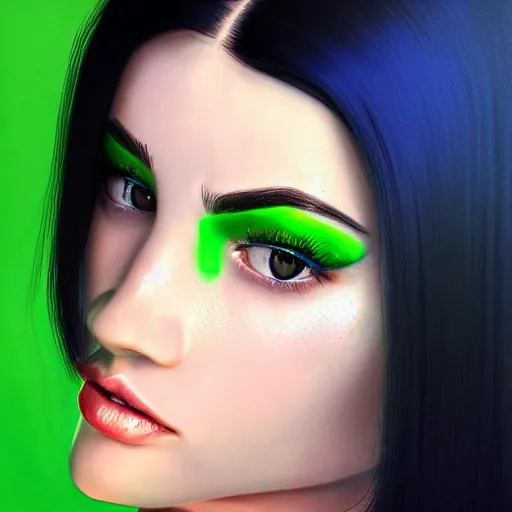 Image similar to photorealistic portrait of beautiful toxic girl, black hair, blue eyes, smooth face, perfect eyes, half body shot, elegant, realistic, glowing skin, detailed face, green colours, sharp focus