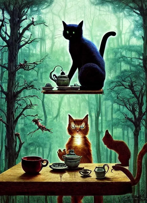 Image similar to cat having tea with a witch in the woods gorgeous lighting, lush forest foliage blue sky a hyper realistic painting by chiara bautista and beksinski and norman rockwell and greg rutkowski weta studio, and lucasfilm