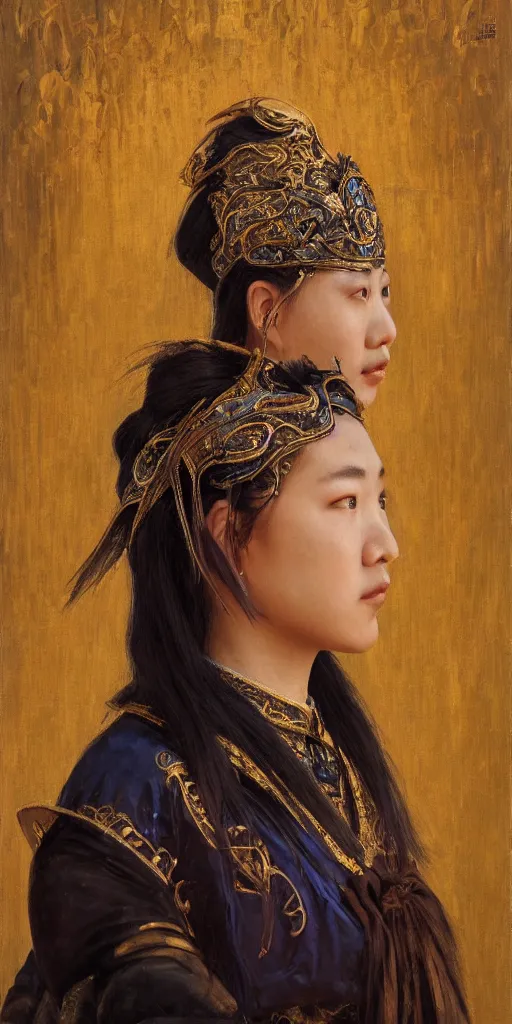 Prompt: Highly detailed and cinematic Art-Nouveau period oil painting of an Mongolian princess face portrait, an oil painting ((masterpiece)) by ((Josep Tapiró Baró)), RPG portrait, dynamic lighting, 8K