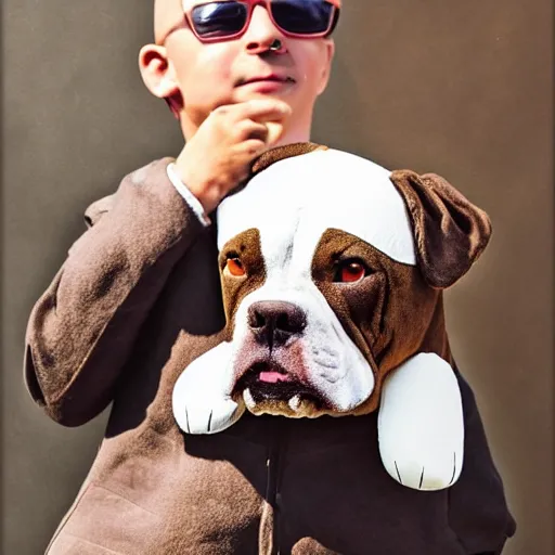 Prompt: pitbull boxer mix with brindle coat and white paws and white chest playing with a dinosaur plushie. photo. realistic. hyper realistic. outside photography. sunny day.