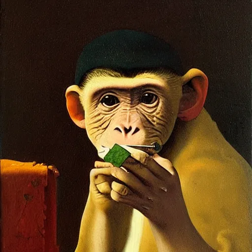 Image similar to Monkey smoking!!!!!!!! a Cuban cigar, oil on canvas, by Johannes Vermeer