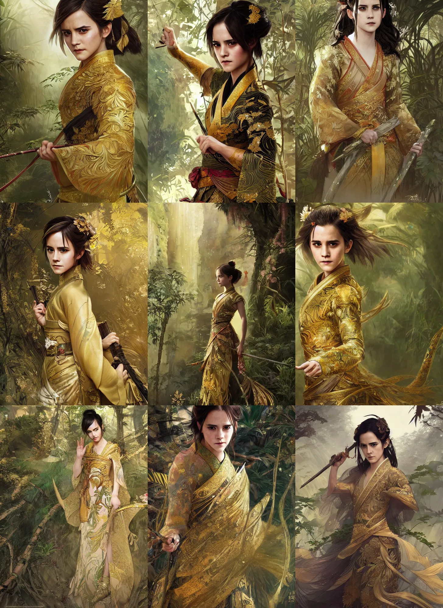 Prompt: asian emma watson wearing golden furisode, jungle background, intricate, highly detailed, concept art, sharp focus, illustration, aleksi briclot, rutkowski, mucha