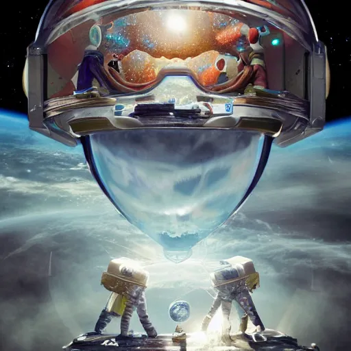 Image similar to an epic portrait of an astronaut entering microscopic multiverse of atoms madness with a tiny micro spaceship, cinematic lighting, trending on Artstation, highly detailed, insane details