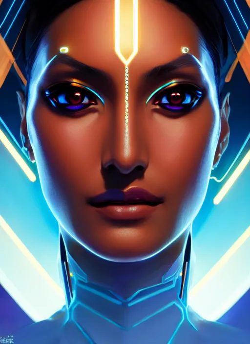 Image similar to symmetry portrait of symmetra from overwatch, closeup, sci - fi, tech wear, glowing lights intricate, elegant, highly detailed, digital painting, artstation, concept art, smooth, sharp focus, illustration, art by artgerm and greg rutkowski and alphonse mucha