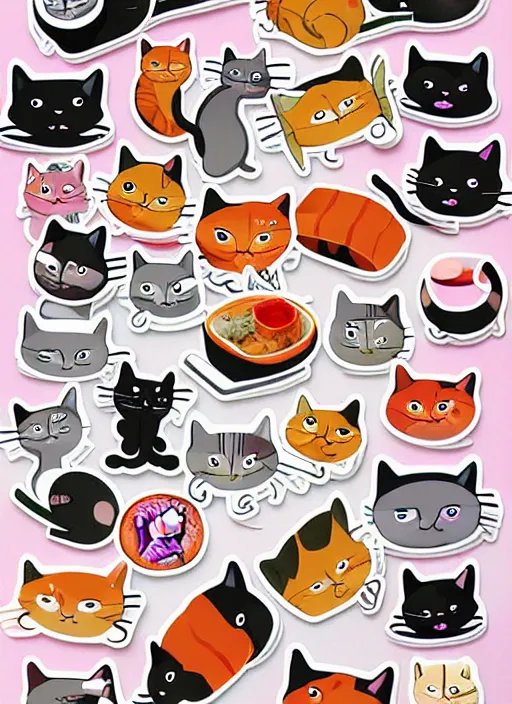 Prompt: cats and sushi sticker sheet