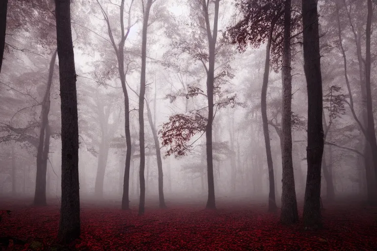 Image similar to deep dark moody forest, red fog on the ground, bleak. big stones, dark mood. mysterious. doom. realistic painting. photobashing, matte painting, highly detailed, autumn, cinematic, hyperralistic, artstation, art brut, outsider art, symbolist, dramatic lighting, god rays, clean crisp graphics, smooth sharp focus, extremely detailed