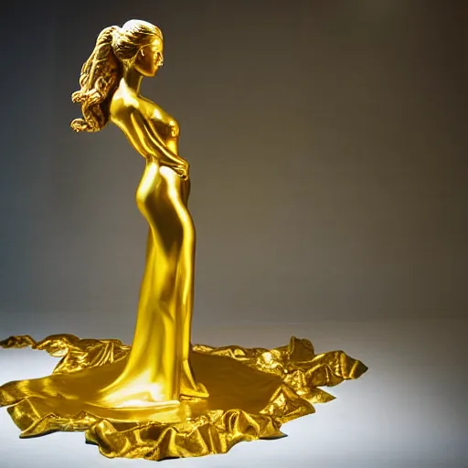 Prompt: a golden statue of a princess near a aquarium, studio lighting, award-winning photograph