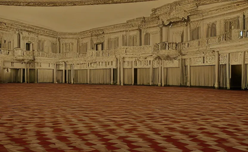 Image similar to 60s movie still of a giant stalinist style empty palace hall, by Irving Penn , cinestill 800t 35mm eastmancolor, heavy grainy picture, very detailed, high quality, 4k, HD criterion, precise texture, panoramic, cinematic