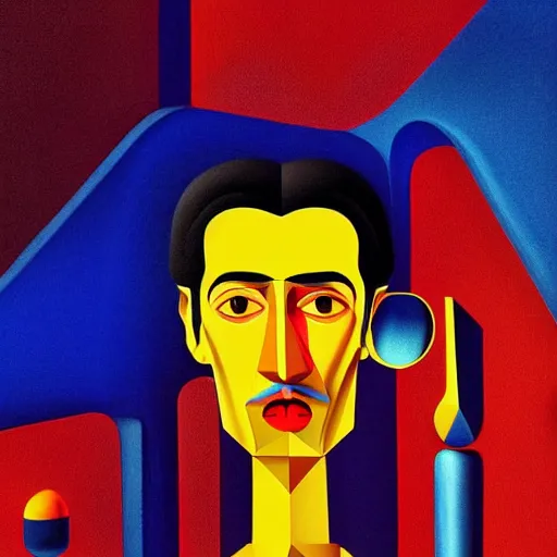 Prompt: ultra realistic portrait of cem yilmaz in a studio, ultra detailed, under blue, red and yellow cinematic lighting, salvador dali, cartoon, monument valley, escher