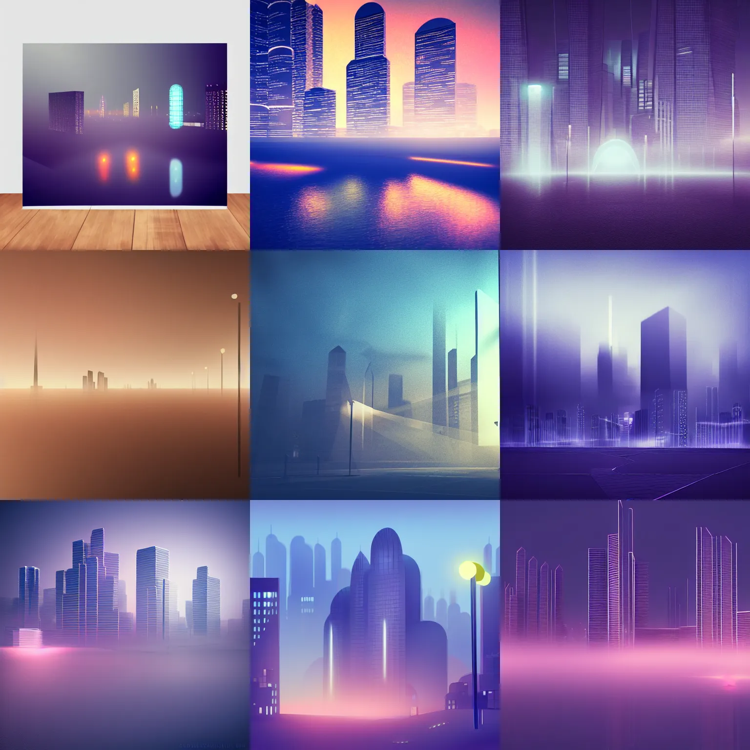 Prompt: geometric futuristic cityscape, night lights, seashore, 3d minimalistic, distant, volumetric, digital art fog