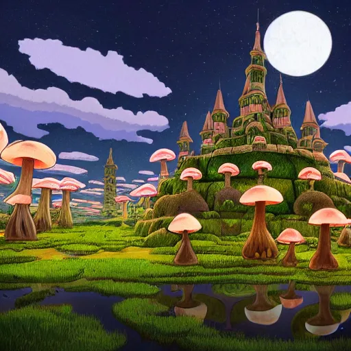 Prompt: highly detailed illustration of a mushroom castle at night, studio ghibli, ultra realistic, 4 k resolution, artstation