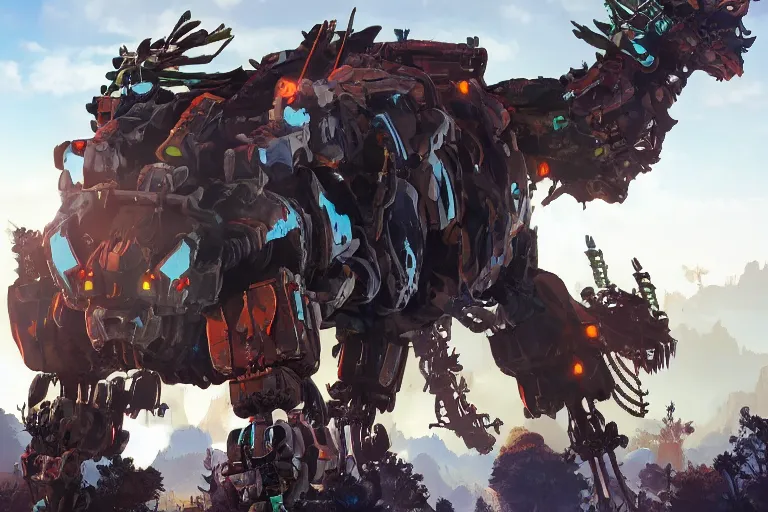 Image similar to behemoth machine mecha animal beast robot of horizon forbidden west horizon zero dawn bioluminiscence global illumination ray tracing hdr fanart arstation by sung choi and eric pfeiffer and gabriel garza and casper konefal