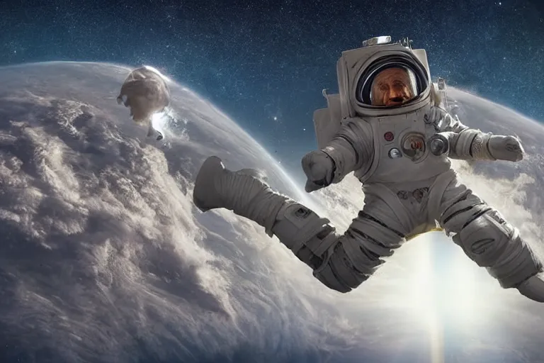 Image similar to still fullbody photo of sad albert einstein in spacesuit in space, flat earth on elephants and turtle at background, highly detailed, photorealistic shot, bright studio setting, studio lighting, crisp quality and light reflections, unreal engine 5 quality render