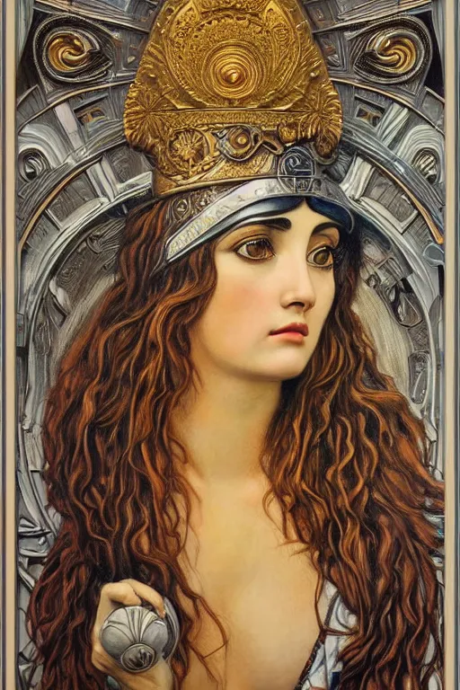 Image similar to hyper realistic painting of the goddess athena, art deco, art nouveau, hr giger, bussiere, gustav klimt, extremely detailed, intricate border