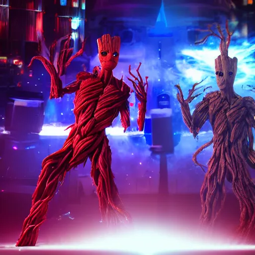 Image similar to groot and optimus prime dancing at techno party among people, wide shoot, after effect ultra realistic 3 d