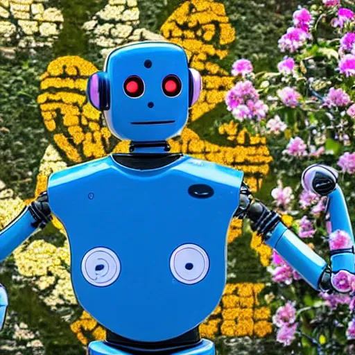 Prompt: a robot smelling the flower of barcelona