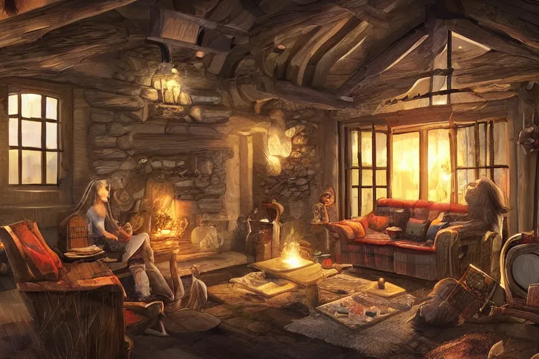 Image similar to wooden cottage, living room, elves sitting on the couch, high - tech devices, traditional fireplace, concept art