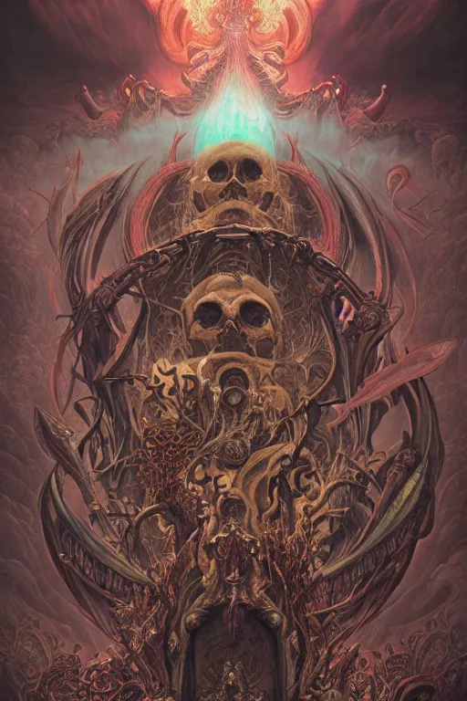Image similar to evil gigantic demonic skull lord of death, psychedelic fantasy painting, ultra realistic, wide angle, art nouveau, intricate details, rainbowshift, vivid colors, highly detailed by peter mohrbacher, h. r. giger, maxfield parrish, gaston bussiere, gustave dore, craig mullins, octane render, cgi