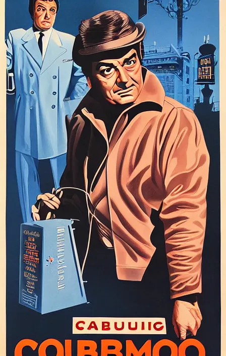 Image similar to columbo in 1 9 5 0 s pulp spy thriller movie poster, highly detailed, illustration, mgm studios, david klein, reynold brown