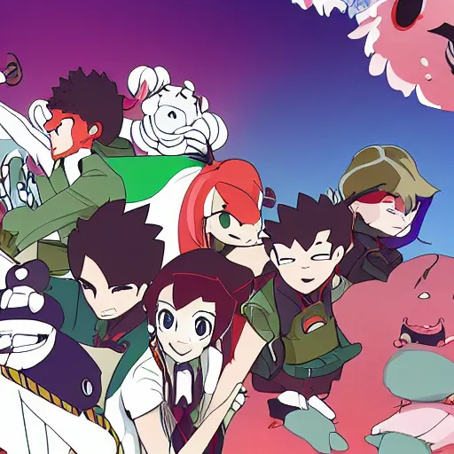 Image similar to A group of friends, illustrated by Studio Trigger