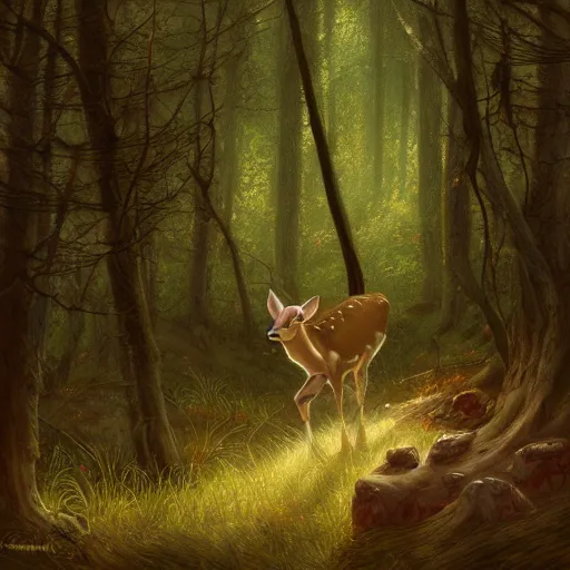 Prompt: a painting of a lonely fawn in a forest by john howe, marc simonetti, james jean, high detail, trending on artstation
