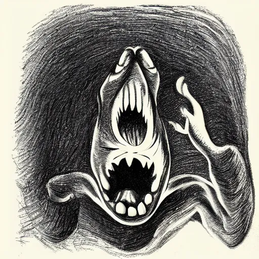 Prompt: surrealist drawing of creature screaming in darkness by francis bacon, risograph, illustration, black and white