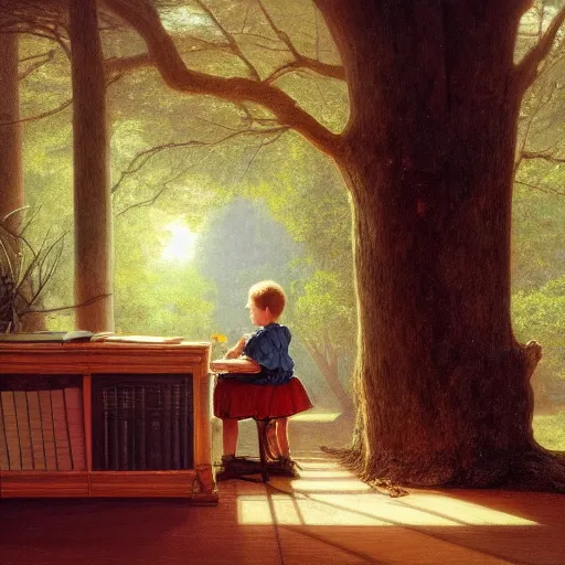 Prompt: a beautiful tall tree growing in the middle of an ancient Victorian library indoors. a child reading a book under a library tree. by Albert Bierstadt, ultra-realistic, 4K, featured on artstation