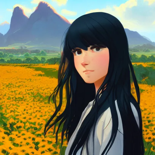 Prompt: portrait of teen girl with long black hair and bangs, detailed facial features, beautiful face, flower fields and mountains in the background, digital painting, artstation, highly detailed, by makoto shinkai and thomas kindle and James gilleard