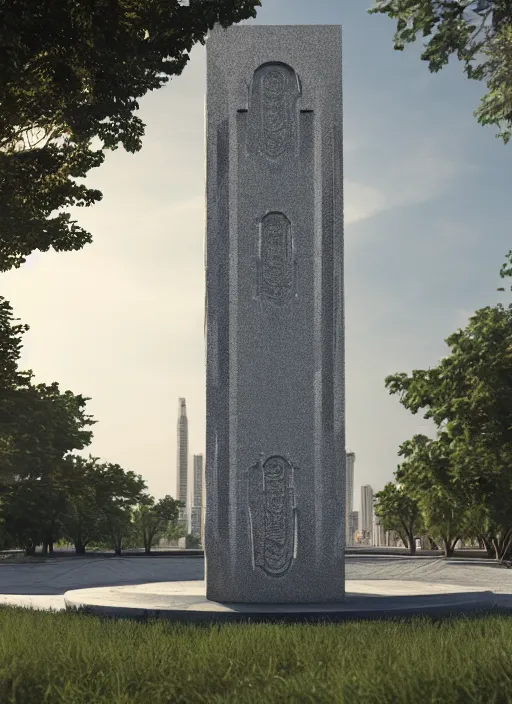Image similar to highly detailed realistic architecture 3 d render of a futurisctic stele made from silver coins standing in a city park, archdaily, made in unreal engine 4 octane render