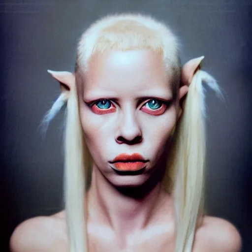 Image similar to realistic expired kodak film portrait of female african albino yolandi visser mix, hyperrealism, hypermaximalism, photorealistic, detailed, atmospheric, 8 k, award winning photography, cinematic