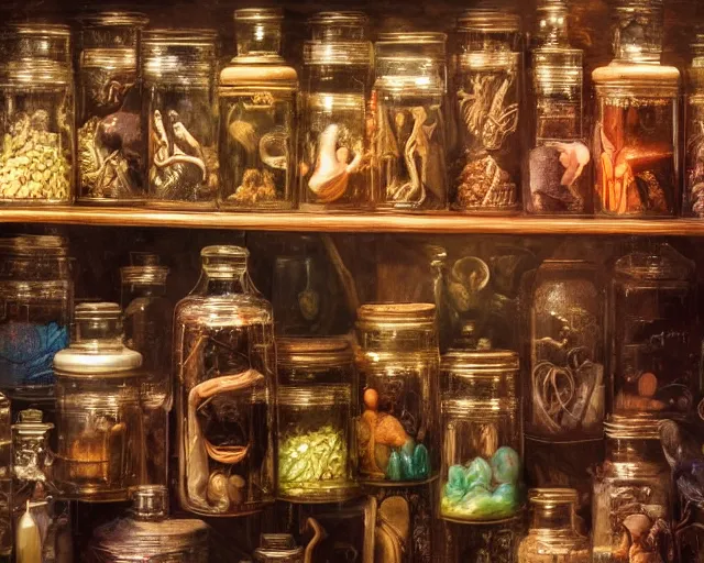 Image similar to a large wood display cabinet filled with lots of different items in magical glowing jars in different colors, a still life by seb mckinnon, artstation, neoplasticism, lovecraftian, artstation hq, award winning photography 4 k 8 k 1 6 k