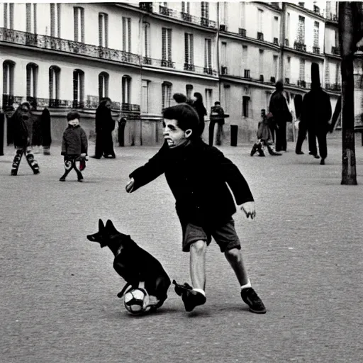 Image similar to a french boy on the streets of paris playing football against a corgi, the dog is wearing a polka dot scarf, book illustration, 1 9 6 6