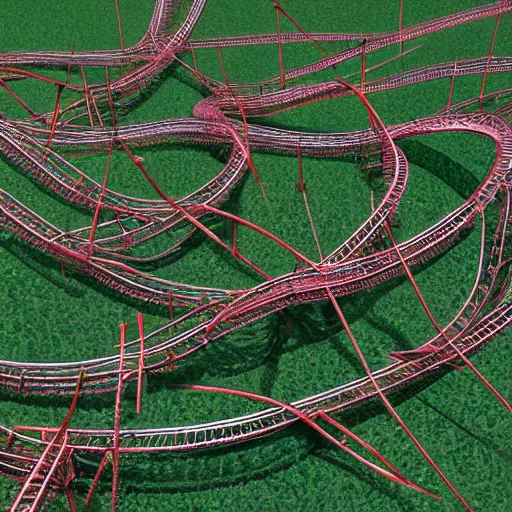 Prompt: a rollercoaster, tracks of barbed wire, birds eye view, hyperrealistic