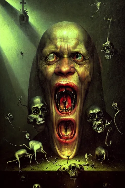 Image similar to hieronymus bosch, greg rutkowski, anna podedworna, close up portrait of bjornson, screaming, insane eyes, mad, god rays, wide shot of a graveyard lit by spooky green lights