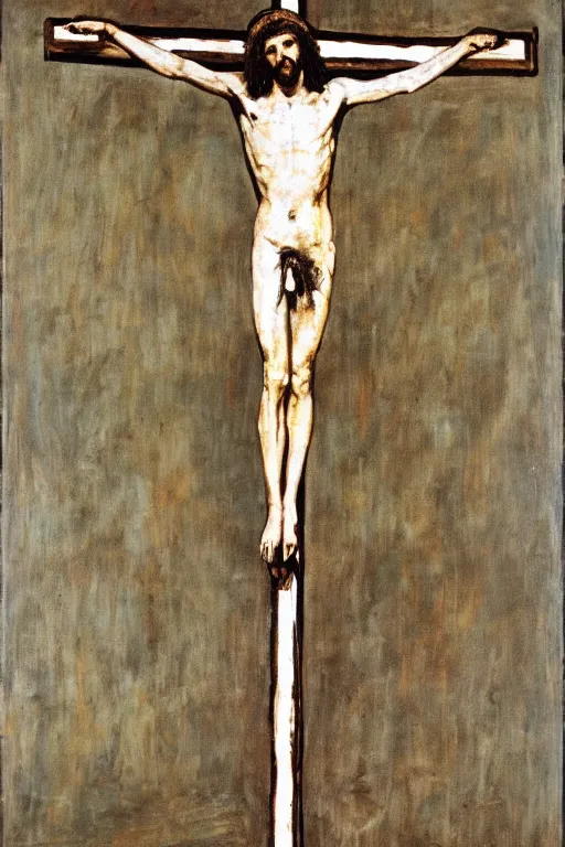 Image similar to jesus christ crucified painted by cy twombly and andy warhol