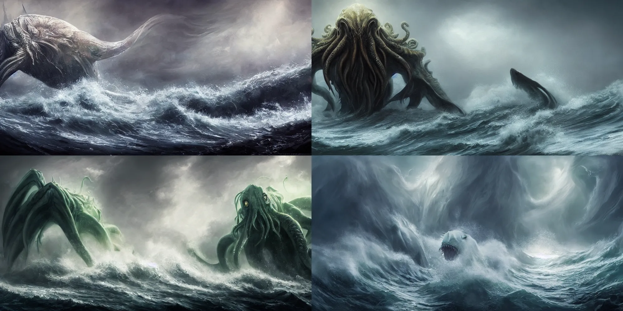 Prompt: epic image of gigantic cthulhu emerging from the ocean, fog, ocean spray and waves, in the style of andree wallin