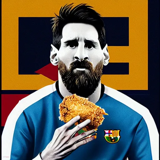 Prompt: lionel messi with a majestic beard eating a kfc zinger by yaacov agam