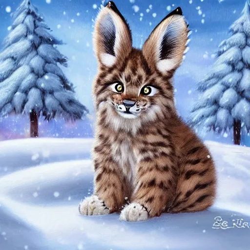 Image similar to cute fluffy hybrid animal cross between a baby lynx and lop eared bunny rabbit sitting in a snowy landscape detailed painting 4 k