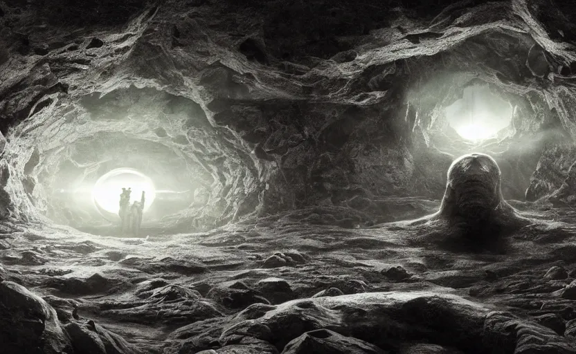 Image similar to a nordic extraterrestrial at the end of the worm hole in space, epic scene, extremely detailed masterpiece, extremely moody lighting, glowing light and shadow, atmospheric, shadowy, cinematic, god lighting