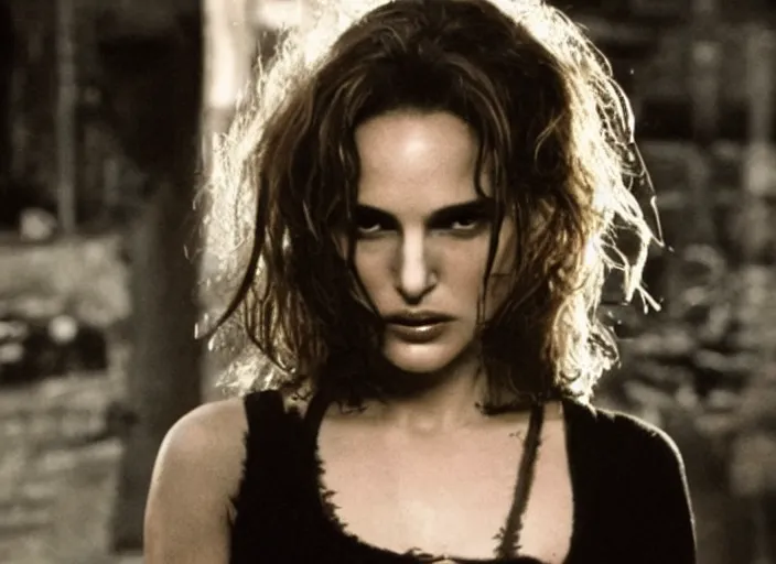 Image similar to promotional image of natalie portman as a british punk rocker in the 80s, rugged black clothes, dyed short hair, tatoos, detailed face, movie still frame, promotional image, imax 70 mm footage