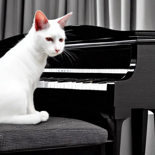 Image similar to A black and white cat in a tuxedo playing a baby grand piano.