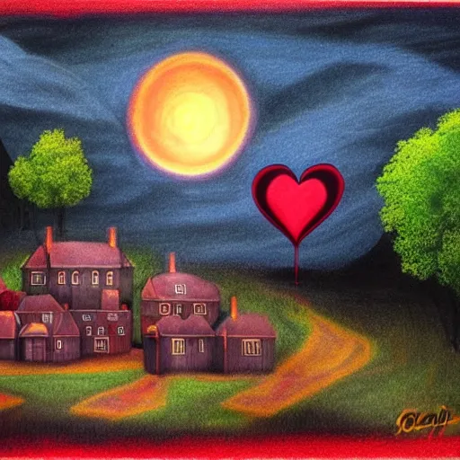 Image similar to primary school on a hill, red hearts, sadness, dark ambiance, concept by godfrey blow, featured on deviantart, drawing, sots art, lyco art, artwork, photoillustration, poster art