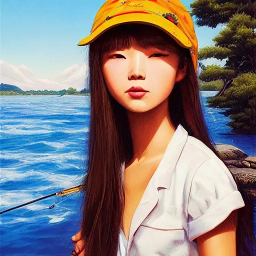 Image similar to oil painting by ilya kuvshinov, ross draws, artgerm, akira toriyama, eiichiro oda, of a youthful japanese girl, long hair, fishing and wearing fisherman's outfit, fisherman's hat, highly detailed, breathtaking face, studio photography, noon, intense bounced light, water reflection, large tree casting shadow, serine intense sunlight