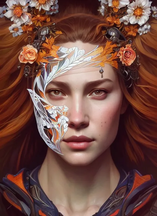 Image similar to symmetry!! portrait of floral! horizon zero dawn machine, intricate, elegant, highly detailed, digital painting, artstation, concept art, smooth, sharp focus, illustration, art by artgerm and greg rutkowski and alphonse mucha, 8 k