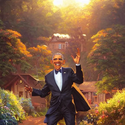 Image similar to clear portrait of obama, adorable appearance!!!, golden hour, happy apearance, cottagecore!!, background hyper detailed, character concept, full body, dynamic pose, intricate, elegant, highly detailed, digital painting, artstation, concept art, smooth, sharp focus, illustration, art by artgerm and greg rutkowski and alphonse mucha