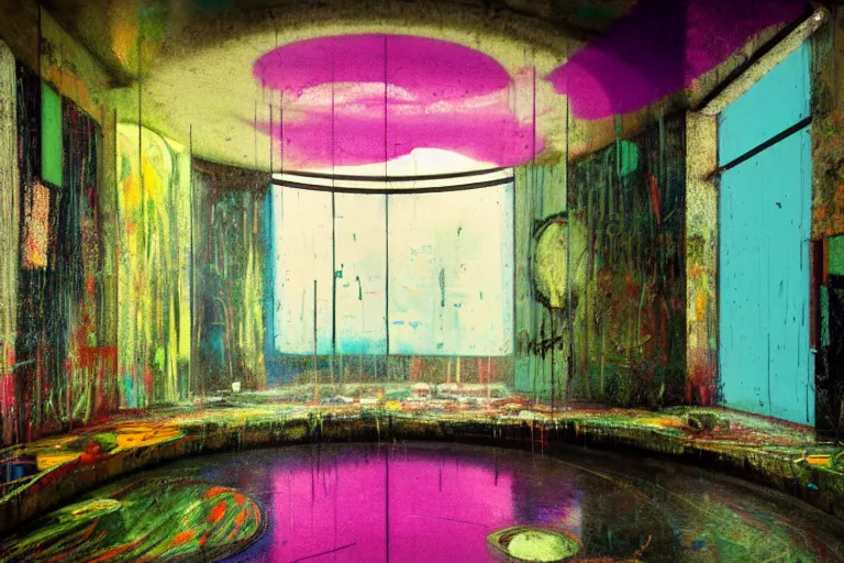 Image similar to abandoned 9 0 s interior with large organic circular windows, rain like a dream, oil painting, volumetric lighting, cyberpunk, basquiat + francis bacon + gustav klimt + beeple, elevated street art, fantasy lut, textural, pink, blue, purple, green,