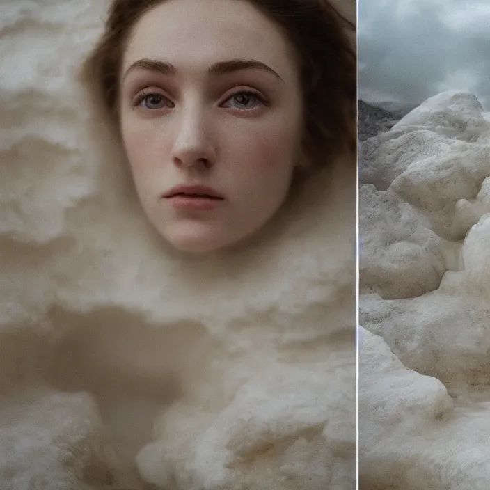 Image similar to Kodak Portra 400, 8K,ARTSTATION, CarolineGariba, soft light, volumetric lighting, highly detailed, britt marling style 3/4 ,portrait photo Close-up portrait photography of a beautiful woman how pre-Raphaelites, the face emerges from Pamukkale, thermal waters flowing down white travertine terraces, inspired by Ophelia paint ,and hair are intricate with highly detailed realistic beautiful flowers , Realistic, Refined, Highly Detailed, interstellar outdoor soft pastel lighting colors scheme, outdoor fine art photography, Hyper realistic, photo realistic