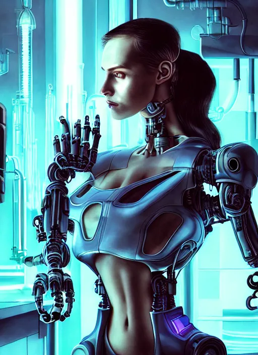 Image similar to cyberpunk,sci-fi, fantasy,Kodak Portra 400, 8K, soft light, volumetric lighting, highly detailed, britt marling style 3/4 ,portrait photo of a beautiful cyborg robot woman in a chemical laboratory + face, intricate, elegant, highly detailed, digital painting, artstation, concept art, smooth, sharp focus, illustration,art by artgerm and greg rutkowski and alphonse mucha