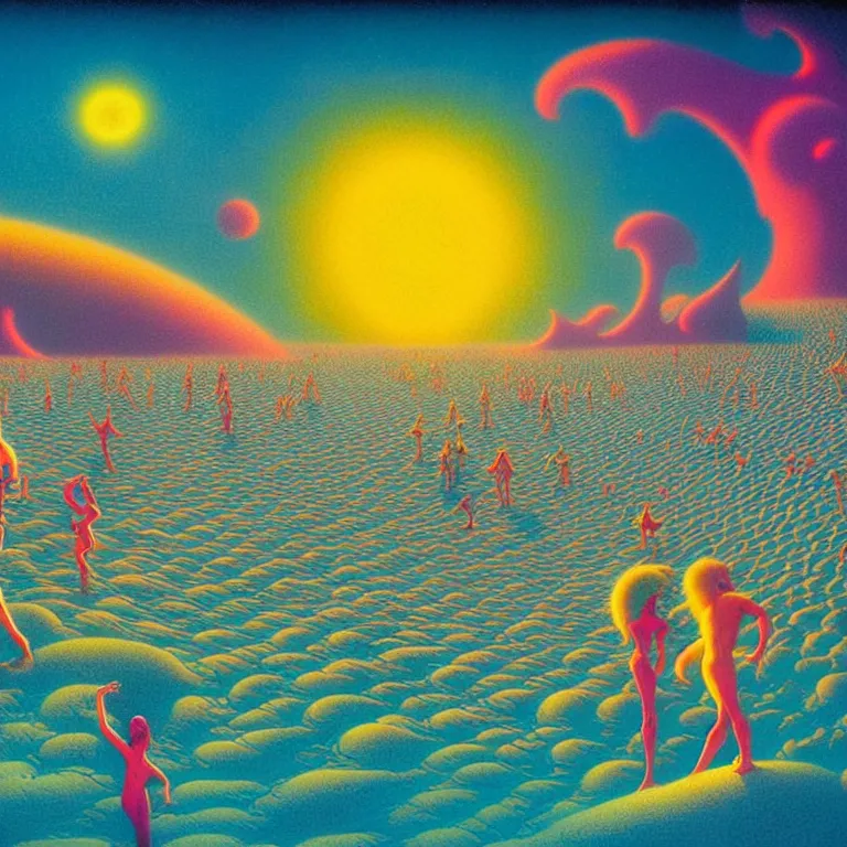 Prompt: many tiny people on the cosmic beach, infinite radiating waves, synthwave, bright neon colors, highly detailed, cinematic, tim white, michael whelan, vladimir kush, jim burns, bob eggleton, philippe druillet, kubrick, aubrey beardsley, roger dean, alfred kelsner, boris vallejo